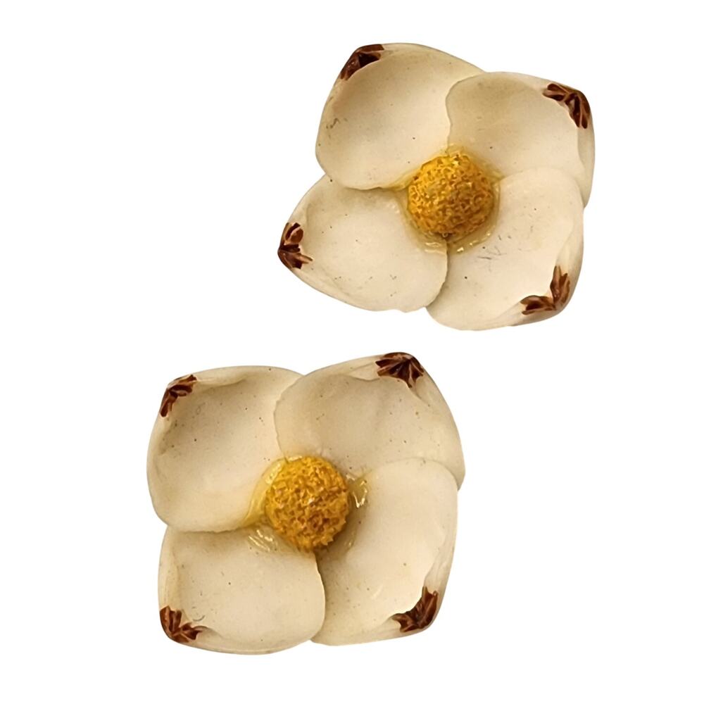 Vintage Dogwood Flower Earrings Natural Shell Hand Painted Clip On 1950s